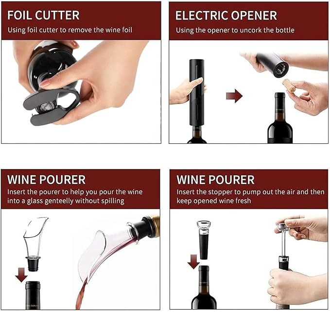 Electric Wine Opener Set, Battery Operated Wine Bottle Opener Set, Cordless Automatic Corkscrew with Foil Cutter, Pourer, Vacuum Stopper, Fast Cork Removal, Gift Idea for Wine Lovers, Black
