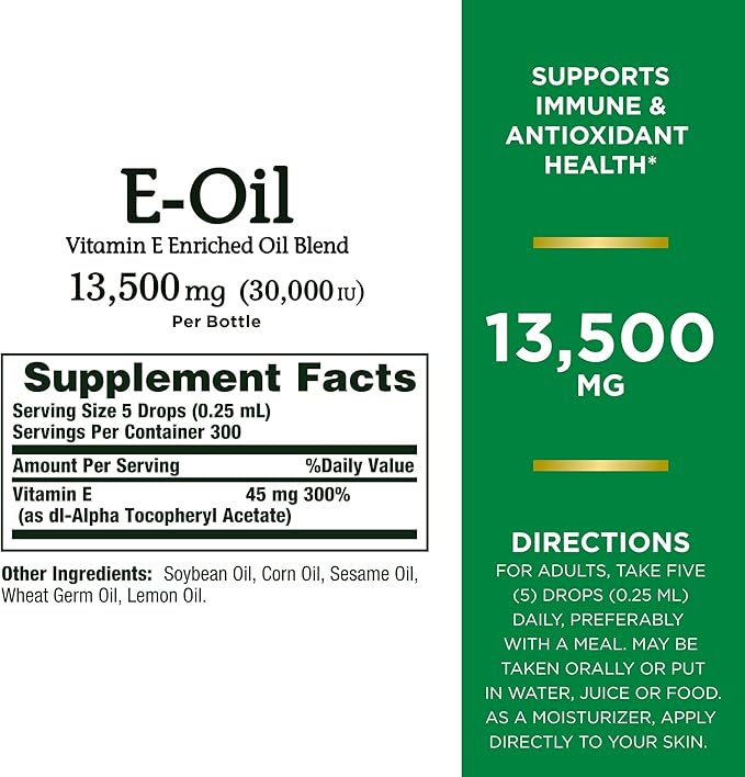 Nature's Bounty Vitamin E Oil, Supports Immune & Antioxidant, 30,000IU Vitamin E, Topical or Oral, 2.5 fl Oz