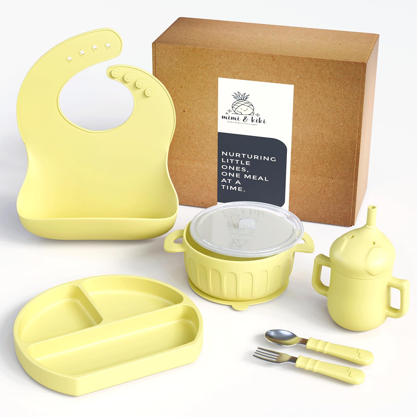 mimi & kiki BPA-Free Silicone Baby Feeding Set, Baby Plates and Bowls Set, Baby Led Weaning Supplies, Silicone Suction Plate, Baby Utensils, Bib and Cup, Self Feeding, Dishwasher Safe (Yellow)