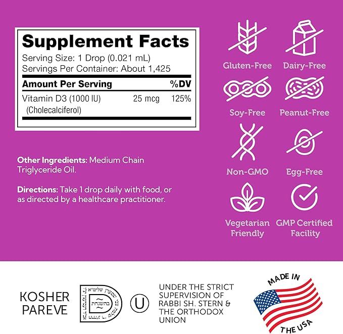 Zahler Liquid Vitamin D3 1000 IU Adult Supplement for Women & Men Vegetarian Kosher Non-GMO Gluten Free Vitamin D3 Drops (1 fl oz)