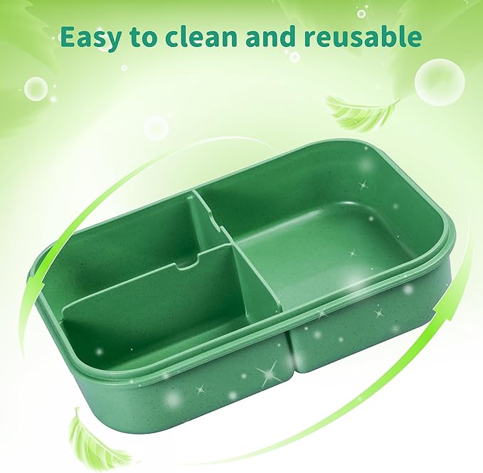 Wheat Straw Bento Box, BPA-Free Lunch Box for Kids & Adults - Leakproof 3-Compartment Lunch Containers with Utensil, Microwave/Dishwasher Safe, 5.5 Cup Green