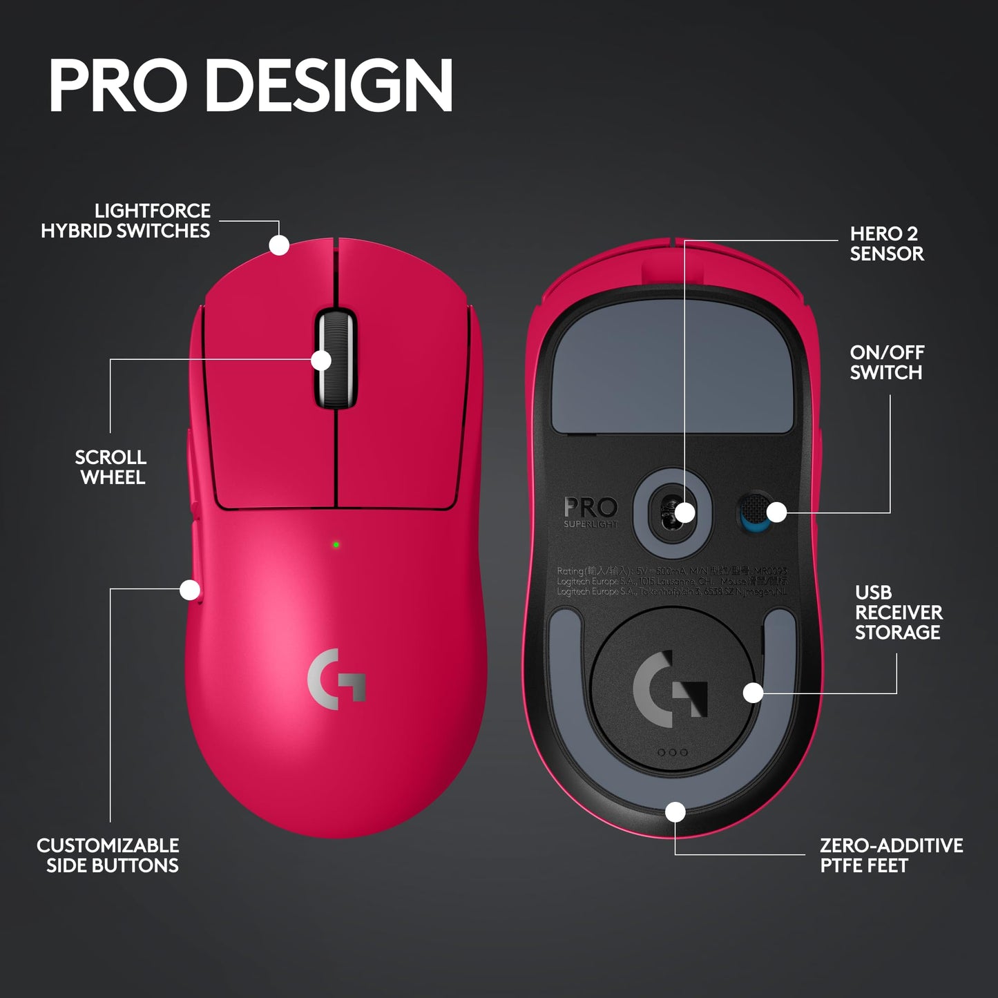 Logitech G PRO X Superlight 2 Lightspeed Wireless Gaming Mouse, Lightweight, LIGHTFORCE Hybrid Switches, Hero 2 Sensor, 32,000 DPI, 5 Programmable Buttons, USB-C Charging, PC & Mac - Magenta