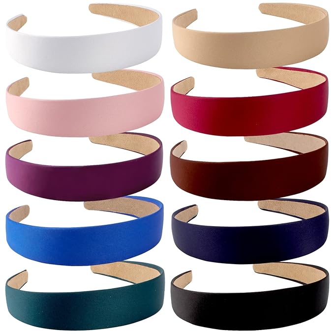 Wecoe 10 Pack Satin Headbands 1.3 Inch Wide Red White Black Pink Purple Headband Women Girls Non Slip Fashion Hair Bands D...