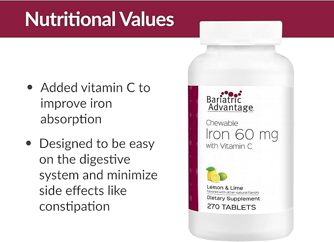 Bariatric Advantage Chewable Iron 60 mg with Vitamin C for Increased Absorption and Utilization, Easily Digestible for Gastric Bypass and Sleeve Gastrectomy Surgery Patients - Lemon Lime, 270 Count