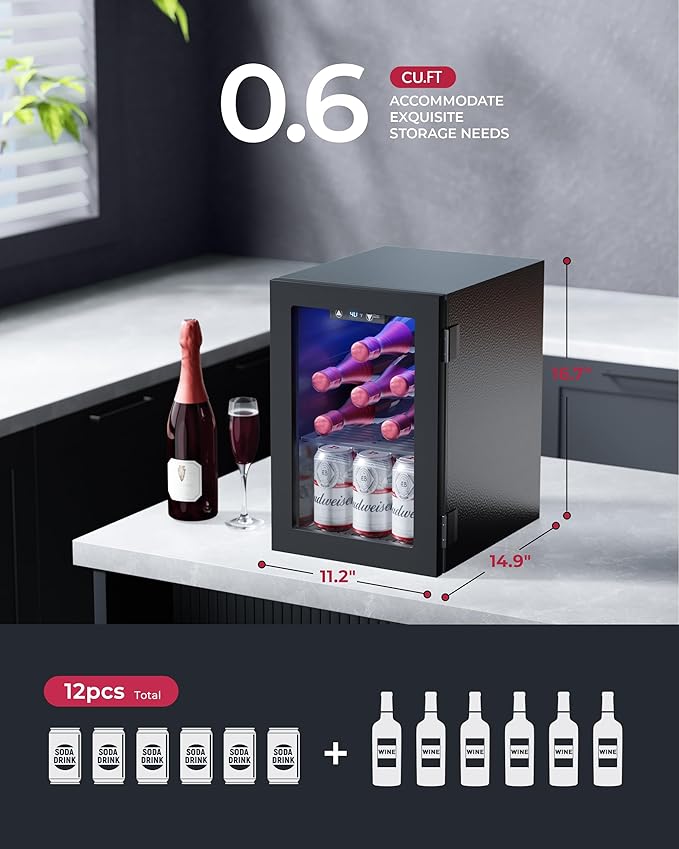 6 Bottles and 6 Cans Compact Beverage Refrigerator, Freestanding Mini Fridge with Temperature Control for Beer Wine, Under Counter Small Refrigerator Adjustable Shelve for Home and Bar