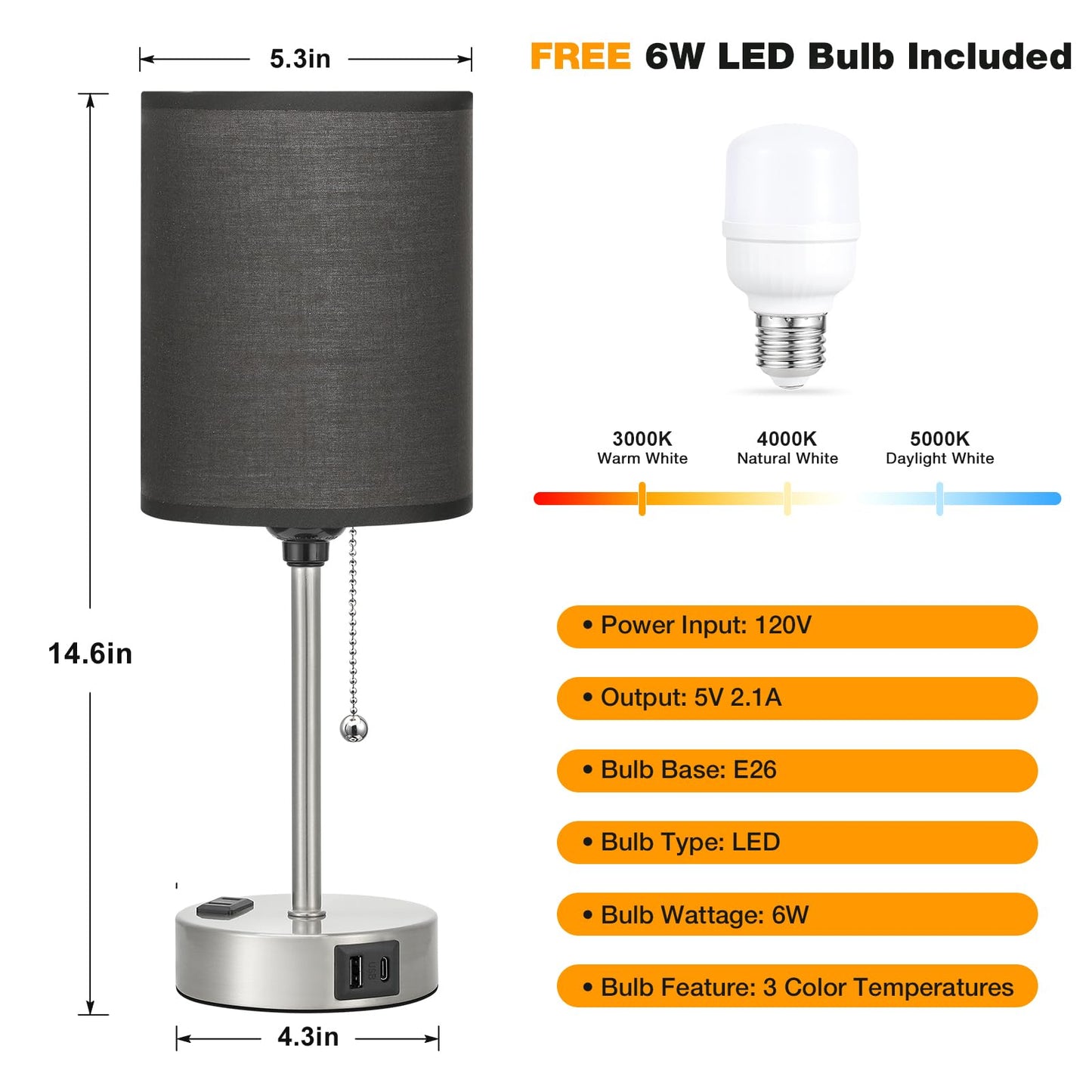Dicoool Black Table Lamp - 3 Color Temperature, USB C/A Ports, 14.6in, Fabric, Silver Metal Base, Model 15-8