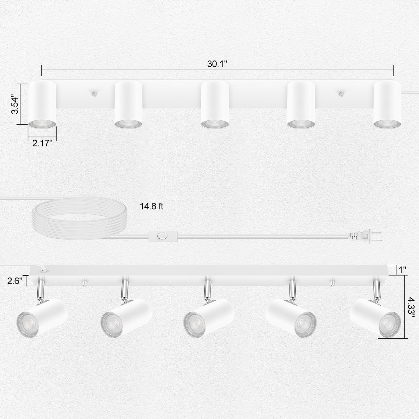 AUQUEE 5 Light Track Lighting Kit,White 5 Way Modern Plug in Ceiling Spotlight,Industrial LED Wall Light for Kitchen Cabinet Gallery Bar Hallway Living Room,Rocker Switch,15 Foot Cord(No Bulb)