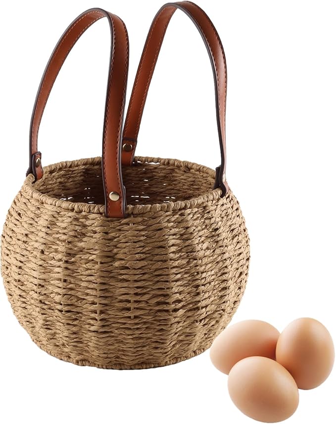 Farmhouse Egg Basket,Large Egg Collecting Basket with Handle,Round Wicker Egg Basket for Gathering and Carrying Fresh Eggs, Egg Holder for Kitchen Countertop,Picnic,Garden