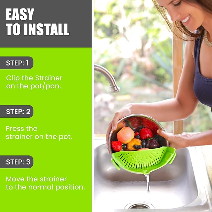Clip On Kitchen Food Strainer for Spaghetti, Meat, Pasta, & Ground Beef Grease, Colander & Sieve Snaps or Clips Onto Bowls, Pots & Pans Includes Silicone Drainer, Brush & Garlic Peeler (Green)