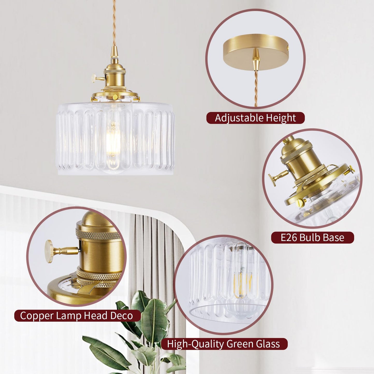 WimiSom Industrial Pendant Lighting, Glass Shade, Adjustable Height, 2-Pack, Clear, Model Glass-003