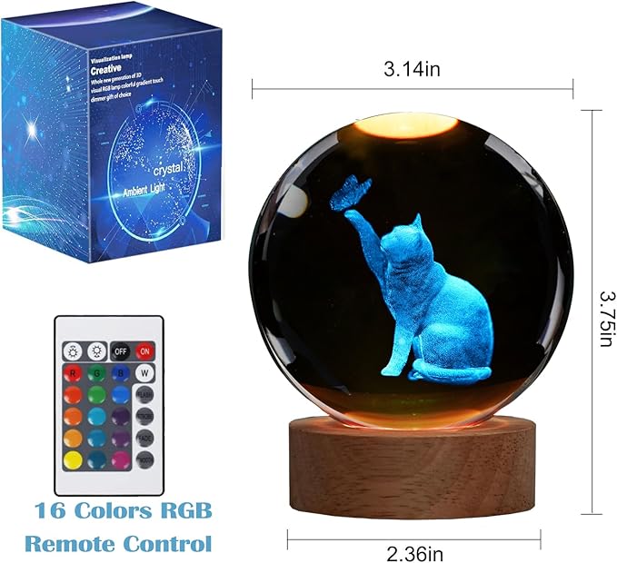 Cat Night Light, Cat Themed Gifts for Girls, K9 3.15 Inch(80mm) Crystal Ball Night Light with 16 Colors Remote Upgraded Lamp for Birthday Xmas Cool Figurines Sympathy Gifts for Room Decor Girls
