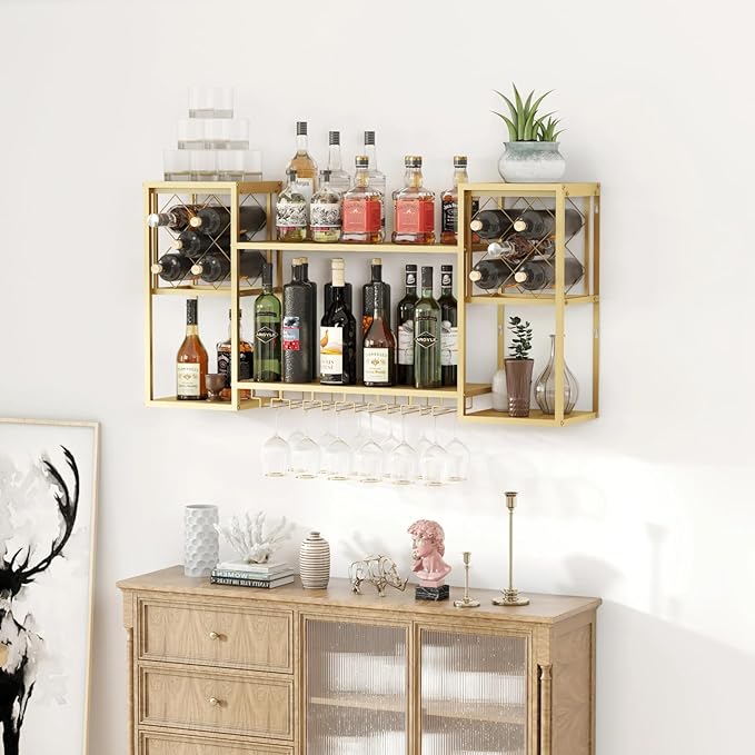 Wall Mounted Wine Rack, Multi Functional Bar Shelves for Liquor Bottles with Glass Holder, Modern Metal Bar Shelves Wall Mounted for Home Bar, Kitchen (Gold, 47.3" L x 9.9" W x 23.6" H)