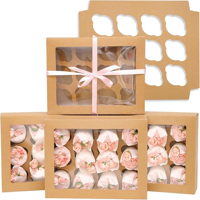 Bakepacker 12 Cupcake Containers 12-Packs Brown Cupcake Box Cupcakes Carrier, 12 Cupcake Boxes with Window 13"x10"x3.5"（Auto-pop up）