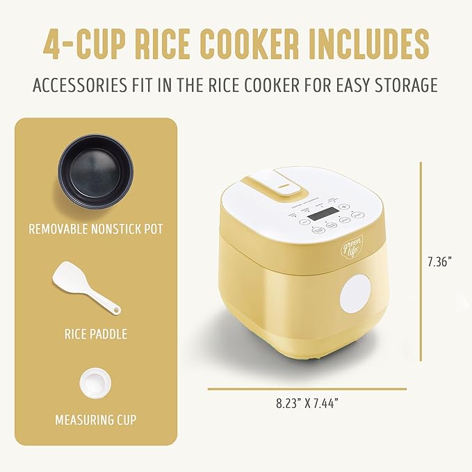 GreenLife Digital Rice Cooker, 2-Cups Uncooked/4-Cups Cooked, Removable Nonstick Ceramic PFAS-Free Pot, One-Touch Presets, Oats, Quinoa, Brown Rice, Auto Keep Warm, Fuzzy Logic Tech, 1.5QT, Butter Yellow