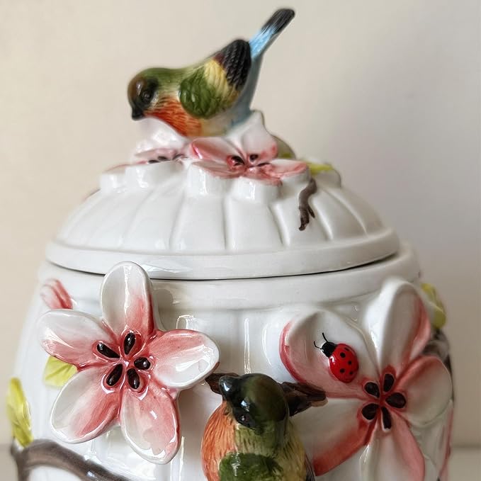 Ceramic Food Storage Containers with Lids, 3D Hand-painted Magnolia Flower and Bird for Home Kitchen Countertop Decorative Collection Jars