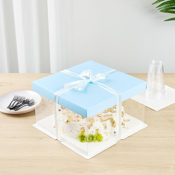 Restaurantware-Sweet Vision 10 Inch x 8.25 Inch Transparent Cake Boxes, 10 Grease Resistant Base Clear Cake Boxes - Blue Lid, Blue Ribbon, Plastic Birthday Box, For Weddings Or Birthdays
