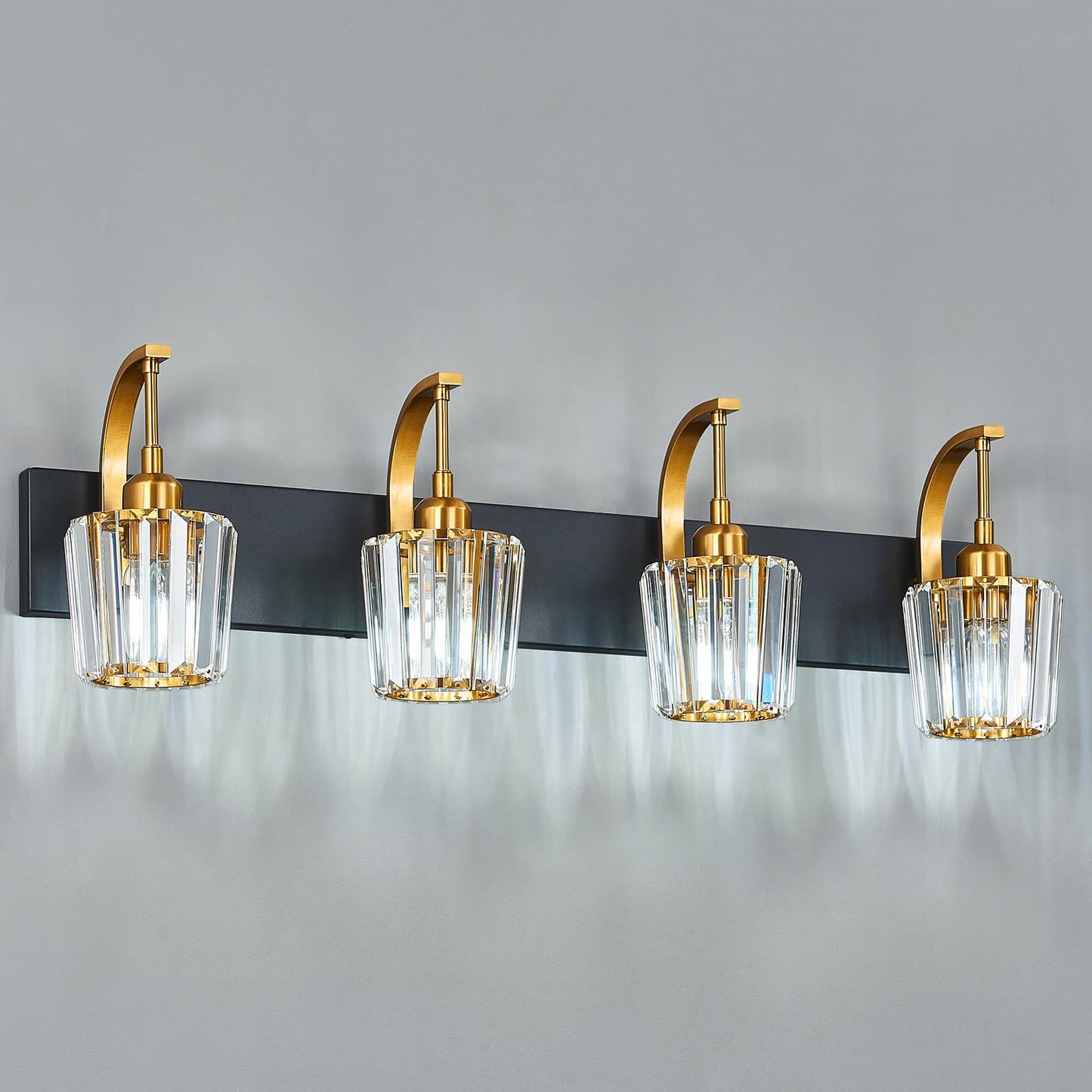 Fdpby Modern Bathroom Vanity Light  4-Light Black Gold Wall Sconce With Crystal Accents  Over Mirror Bathroom Lighting Fixture  32.67 Long Dimmable Vanity Lamp For Makeup  Easy Installation