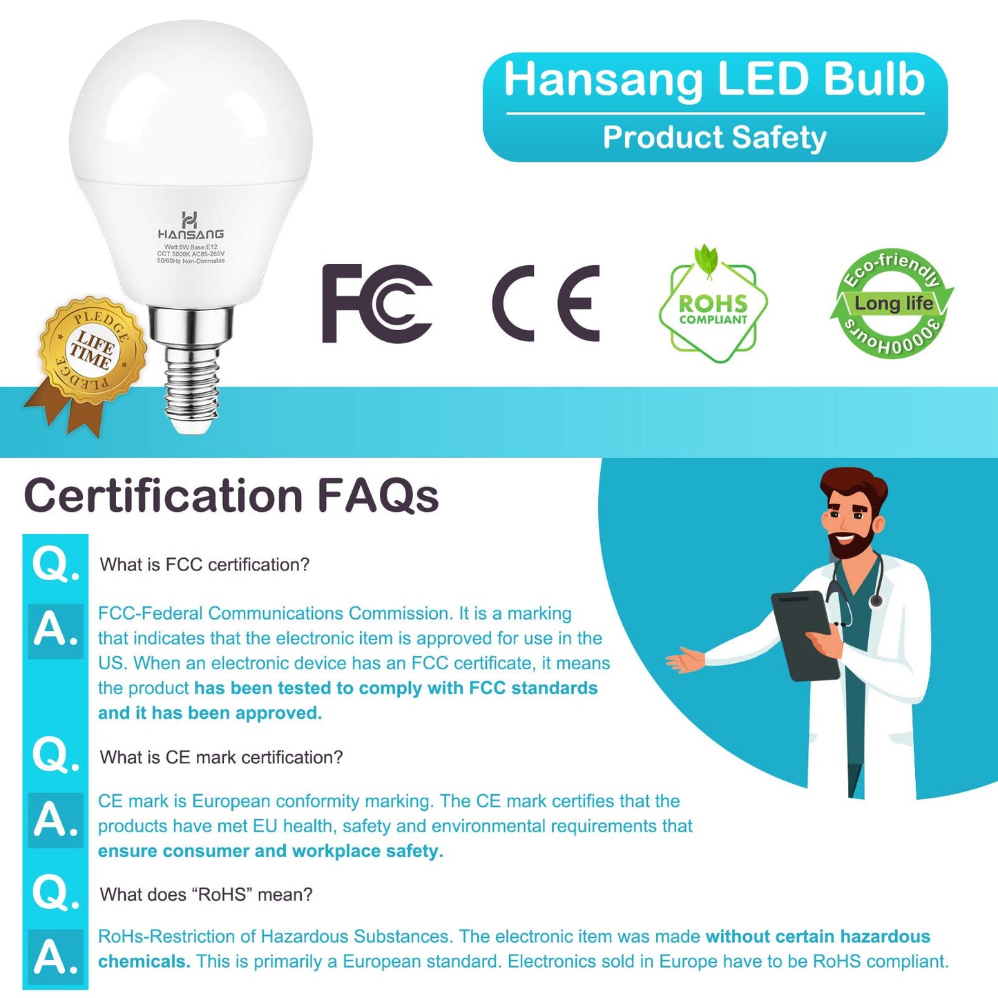 hansang E12 LED Bulb, 60W Equivalent, Daylight 5000K, 600 Lumen, 6 Pack, Eye Protection, Non-dimmable, Candelabra