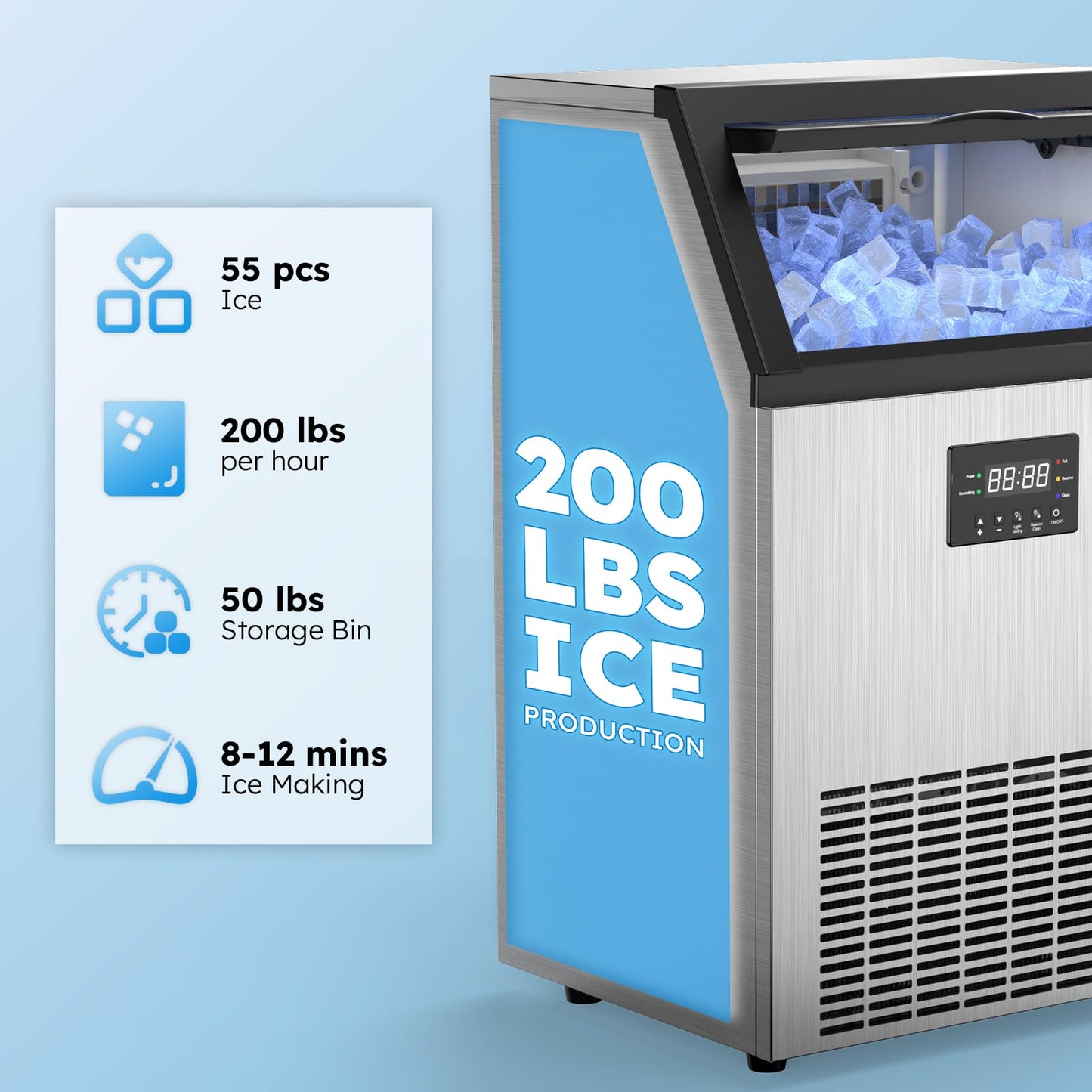 Commercial Ice Machine 200 LBS/24H with 50 LBS Storage Bin, Ice Cubes Ready in 5-15 min, Stainless Steel Industrial Ice Maker, Self-Cleaning, Timing Function, Adjustable Ice Thicknesses