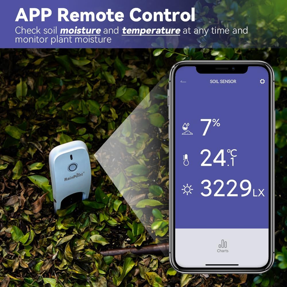 RAINPOINT Wi-Fi Soil Moisture Meter Plants - Hygrometer, Room Thermometer Indoor Soil Tester, Smart Plant Sensor, Temperature Humidity Monitor for Garden with 2.4 GHz Mini Wi-Fi Smart Gateway Hub