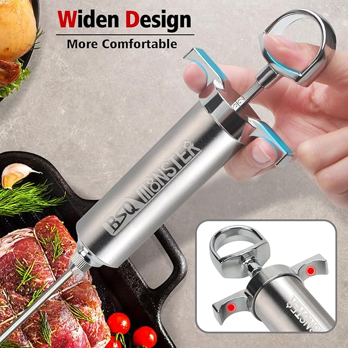 BSQ MONSTER Meat Injector Syringe Kit with 4 Professional Marinade Injector Needles for BBQ Grill Smoker, Turkey and Brisket; 2-oz Large Capacity, Including Paper User Manual, Recipe E-Book (PDF)