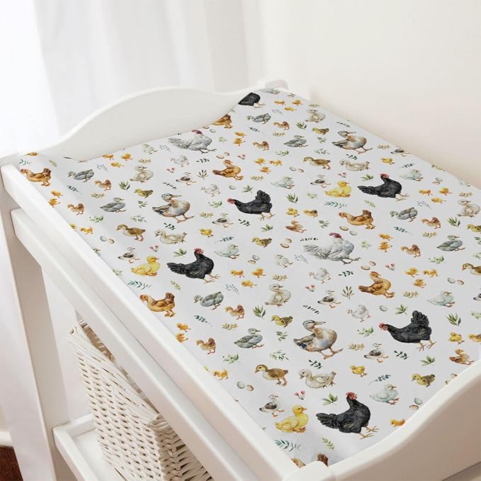 Spring Farm Animals Boho Leaves Changing Pad Covers Chick Rooster Hen Duck Eggs Baby Diaper Changing Pad Cover for Boy Girl Soft Breathable Stretchy Baby Changing Table Sheets Mats 32''x16''