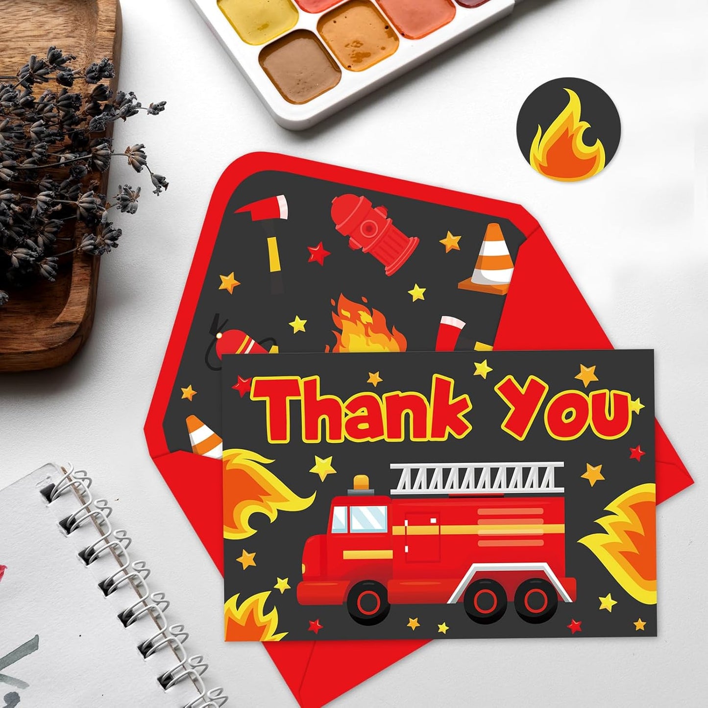 Whaline 24Pcs Firetruck Thank You Cards with Envelopes and Stickers Red Black Fire Hydrant Star Greeting Card Blank Note Card for Fireman Party Supplies
