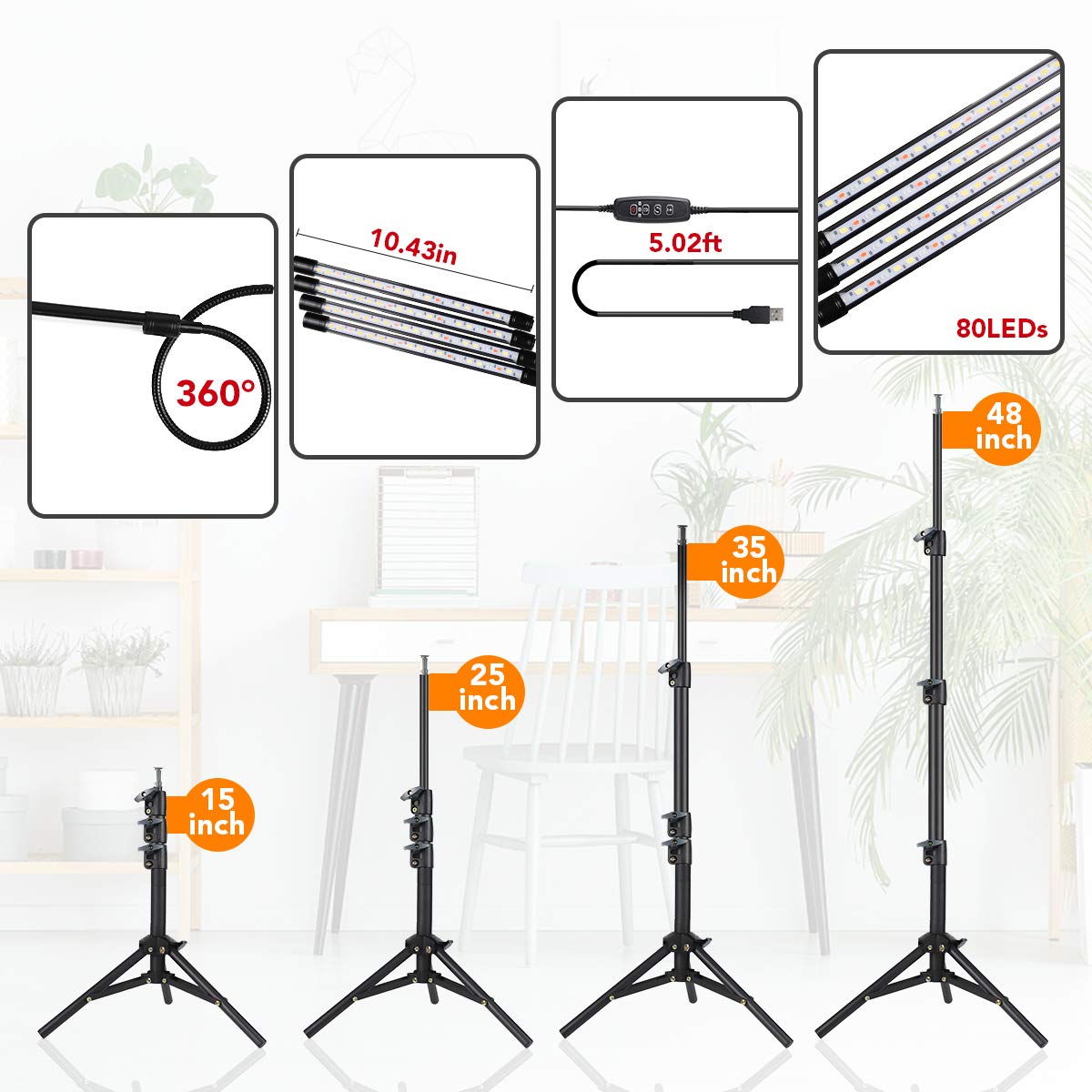 Ghodec Grow Light With Adjustable Tripod Stand, 80 Led 5500K Full Spectrum, 5 Dimmable Levels, Auto Timer, Black & White
