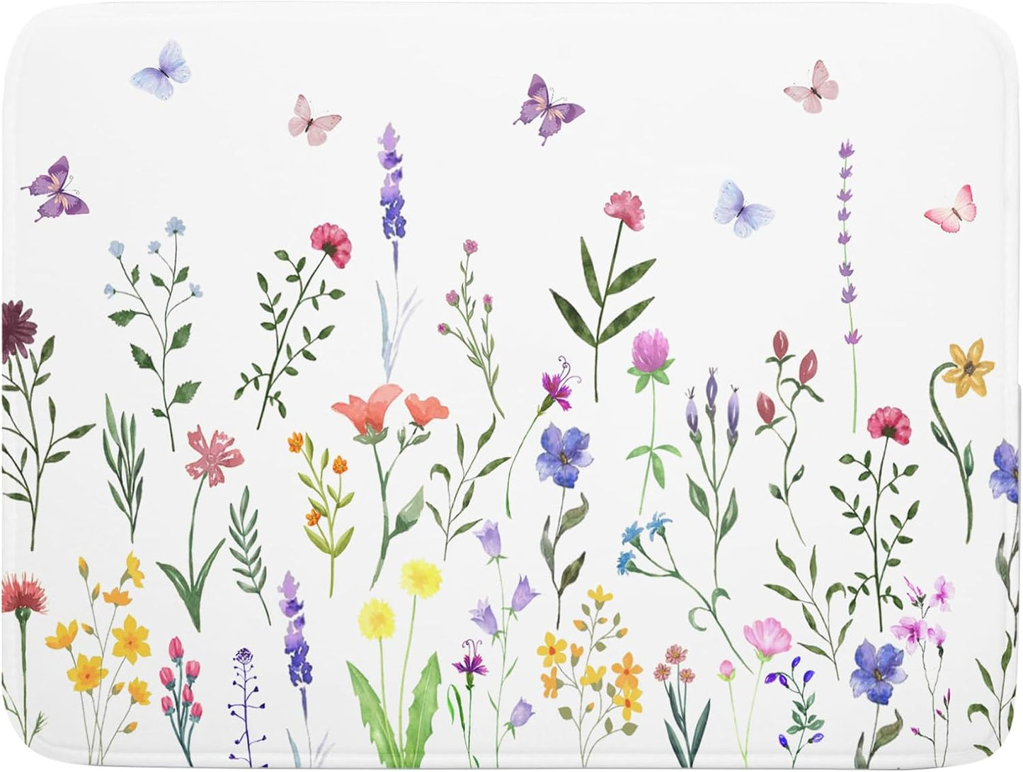 Watercolor Floral Dish Drying Mat for Kitchen Counter 18x24 Inch Spring Summer Wild Flower Butterfly Absorbent Reversible Microfiber Dish Drainer Rack Mats Countertops Protector Mat