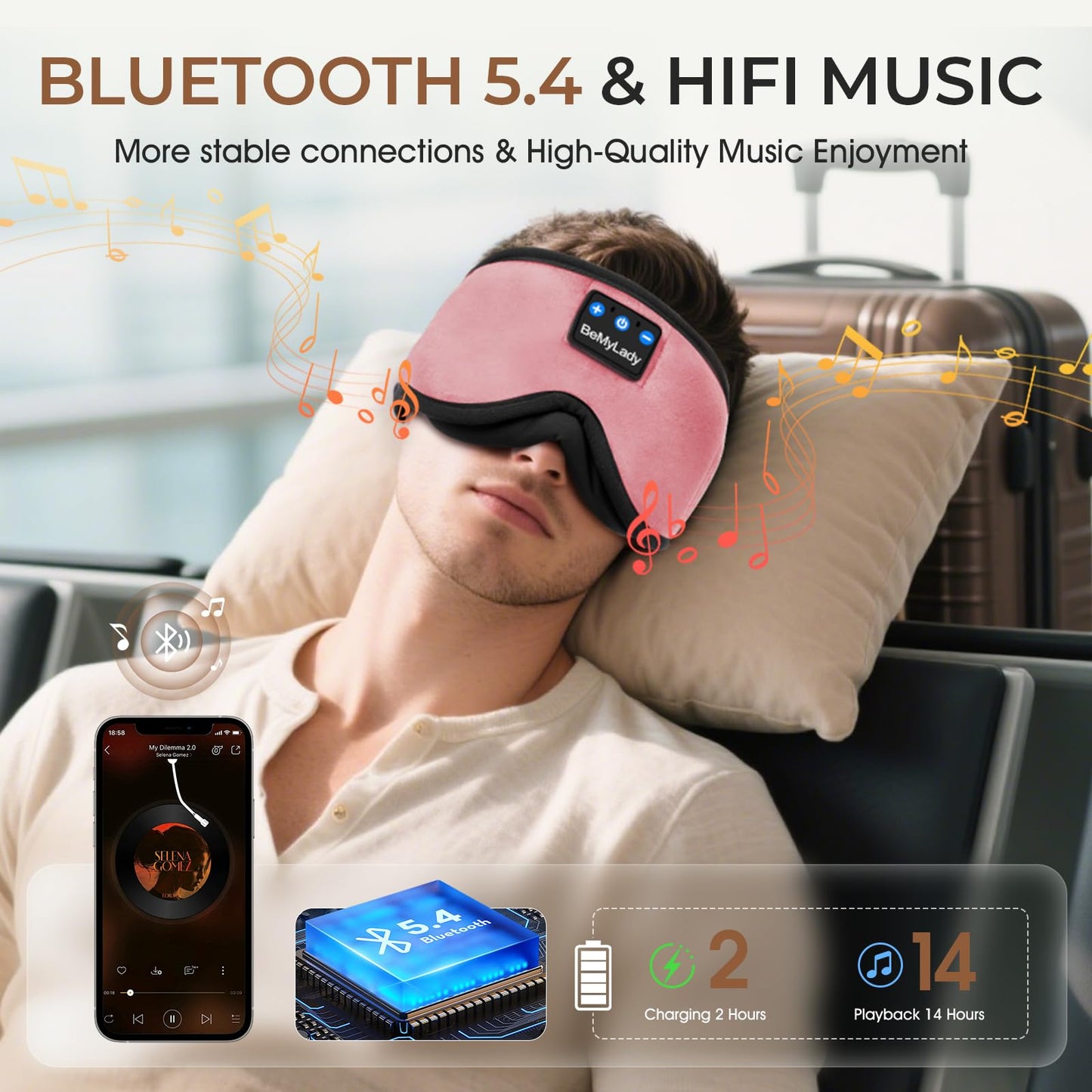BeMyLady Sleep mask Headphones,100% Blackout 3D Zero Eye Pressure Bluetooth Sleep mask Breathable Eye mask with Bluetooth Headphones Sleep Headphones for Side Sleepers, 14H Playtime&Bluetooth 5.4 Pink
