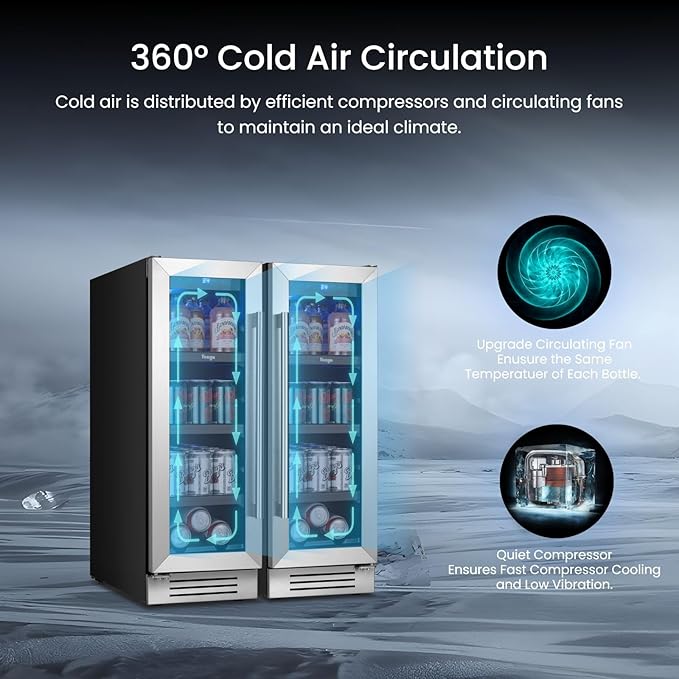 Yeego Beverage-Refrigerator,12 Inch Beverage Cooler 2PCS Small Wine Fridge Built-in or Freestanding with Auto Defrost, Mini Fridge with Glass Door for Bottles and Cans Beer/Soda/Water/Wine
