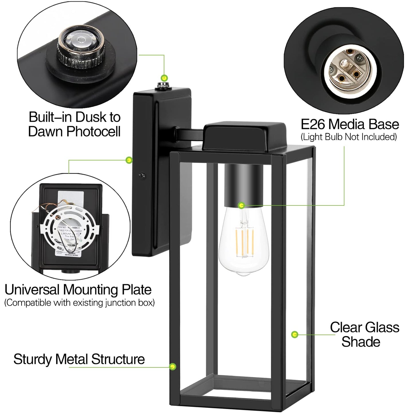 Hykolity Large Outdoor Wall Light, 16 Inch Waterproof Lantern, Dusk to Dawn, Anti-Rust, Matte Black, Model WLA-0405