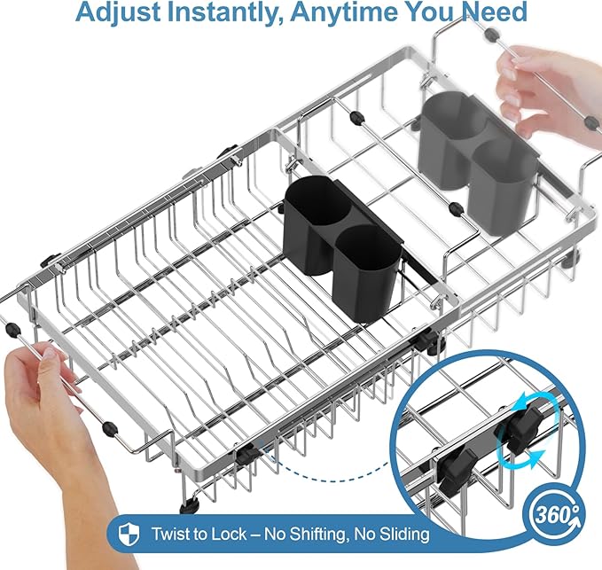 GSlife Stainless Steel Dish Drying Rack - Capacity Expandable in Sink Dish Drainer with Silicone Mat, Over Sink Dish Rack with Utensil Holder for Kitchen Counter, 10.8"-17.9" L x 12.8" W, Silver