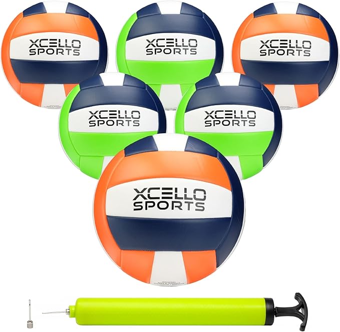 Xcello Sports Volleyball Assorted Graphics with Pump Navy/Green/White, Navy/Orange/White