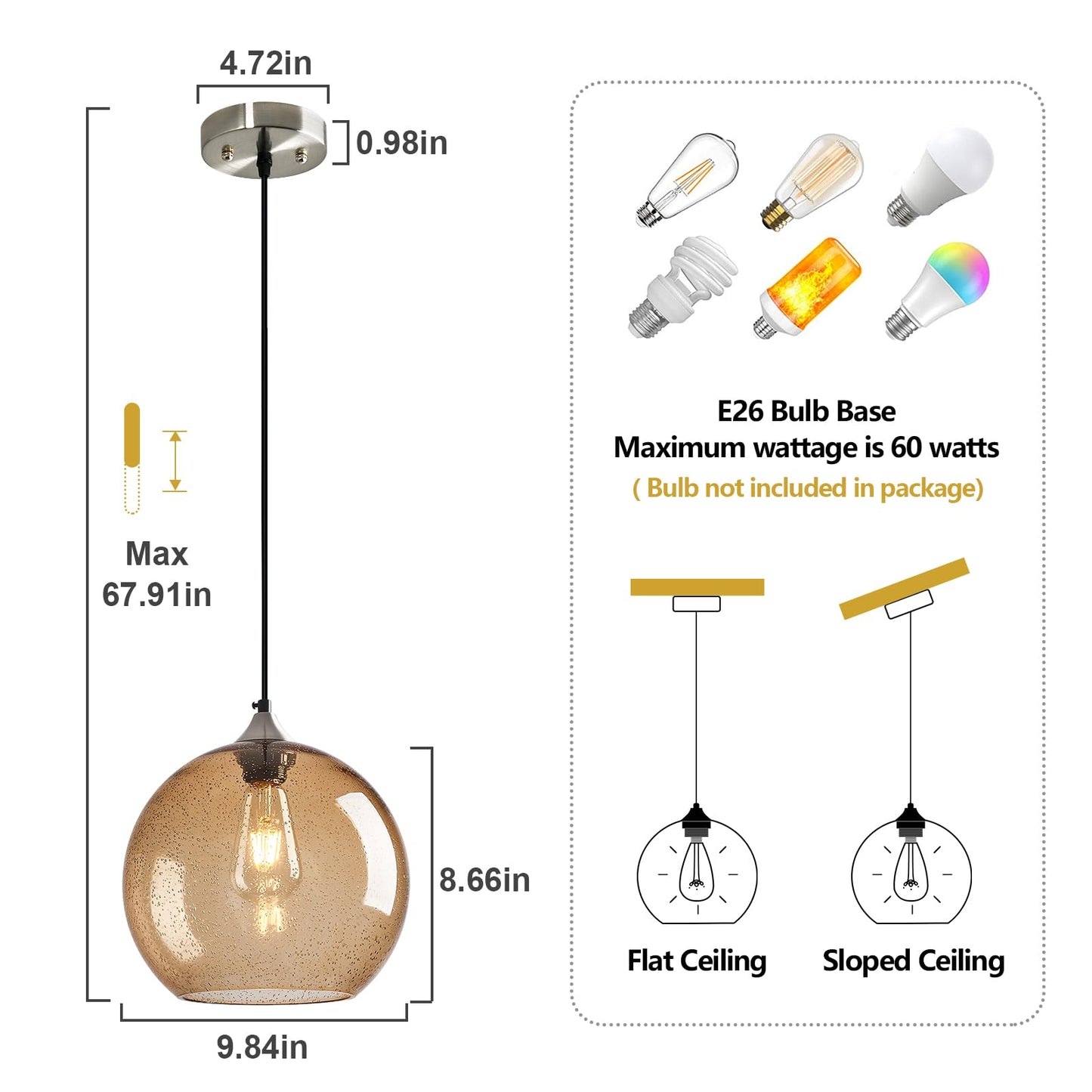 Lbsqj Light Brown Glass Pendant Lights Kitchen Island Globe Pendant Light Fixtures Modern Pendant Lighting For Bedroom Living Dining Room Light Fixture (9.84 In  1 Pack)