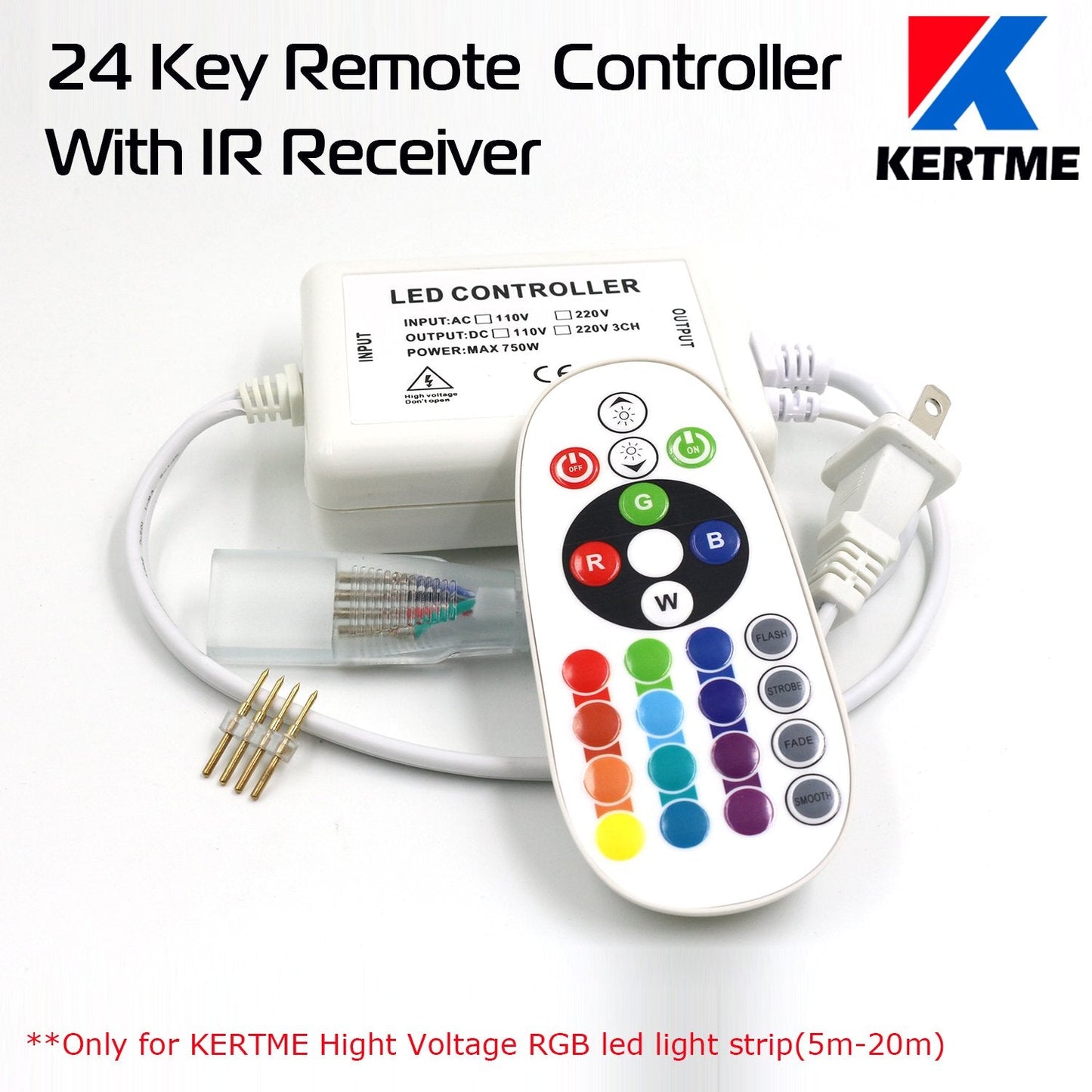 KERTME RGB LED Strip Lights, 5050 Model, 5m/16.4ft, Waterproof, Dimmable, Multi-Color with 24 Keys Remote