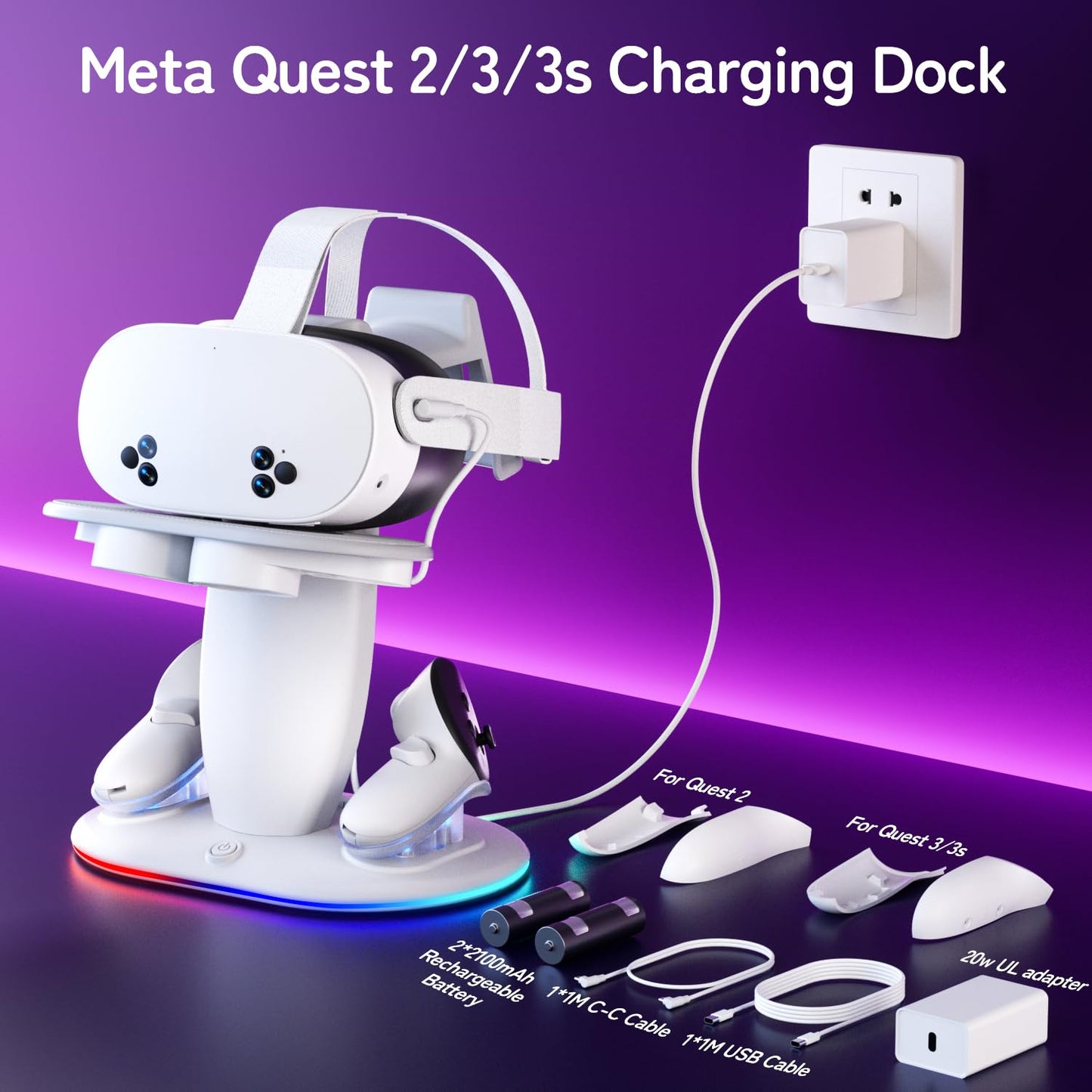 Saqico Fast Charging Dock for Meta Quest 3/3s/2 vr Headset and Magnetic Charger for Controllers Simultaneously, RGB Charging Station & Display Stand with Rechargeable Batteries 2pcs and UL AC Adapter