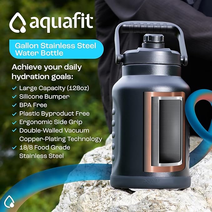 AQUAFIT 1 Gallon Insulated Water Bottle (Cold for 48 Hrs) - BPA Free & Leak Proof - 128oz Stainless Steel Jug - Big Water Bottle with Handle for Gym, Hiking, Camping & Travel (Military Green)