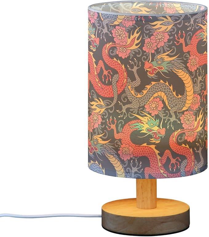 Table Lamp Chinese Dragon Fight in Flower Pattern on Dark Blue Nightstand Lamp with Wood Base Fabric Lamp Shade Bedside Desk Lamp for Living Room Bedroom Kids Room Office