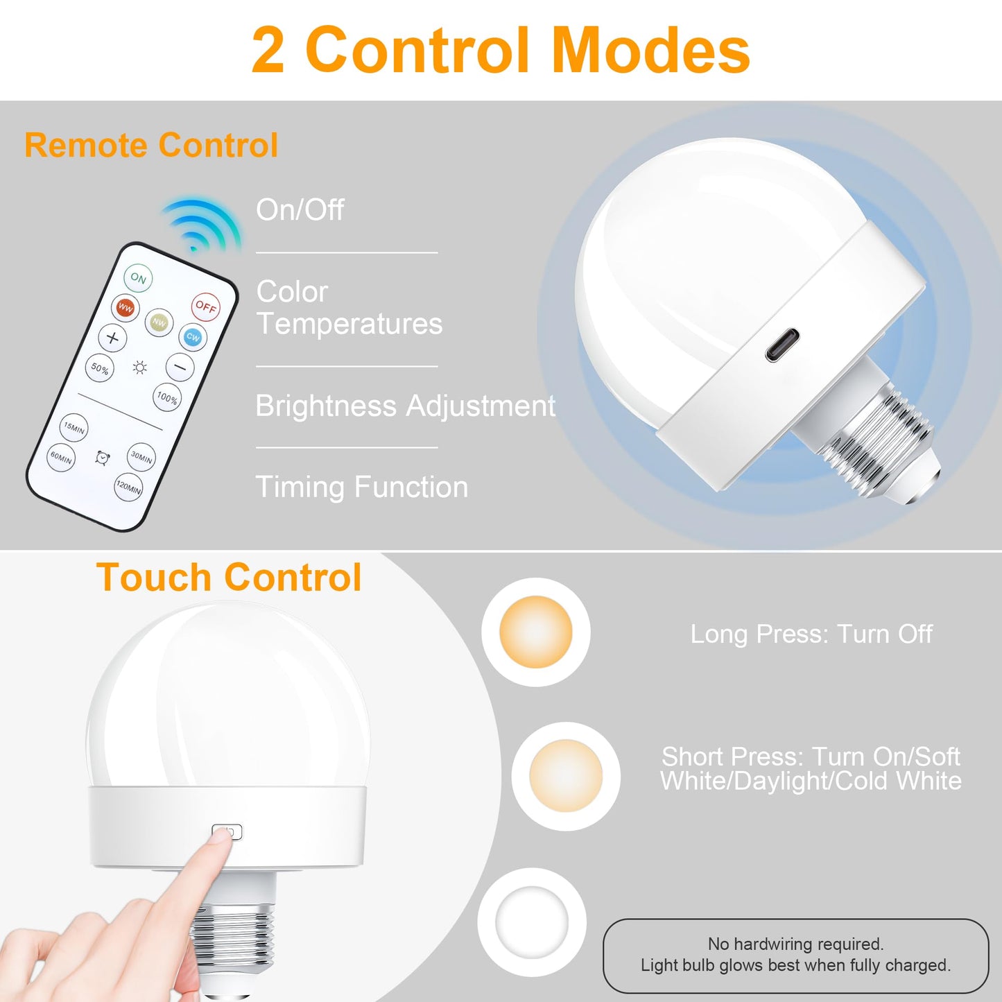 Rechargeable Battery Operated Light Bulbs, E26 Screw in (Magnetic Detachable) Light Bulb for Lamps with Remote Control Dimmable＆Timer, Wireless Puck Emergency Lamp for Non-Hardwired Wall Sconce