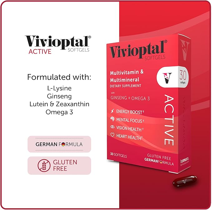Vivioptal Active, 30 Softgels, Ginseng & Omega 3, Multivitamin & Multimineral, Gluten Free, German Formula
