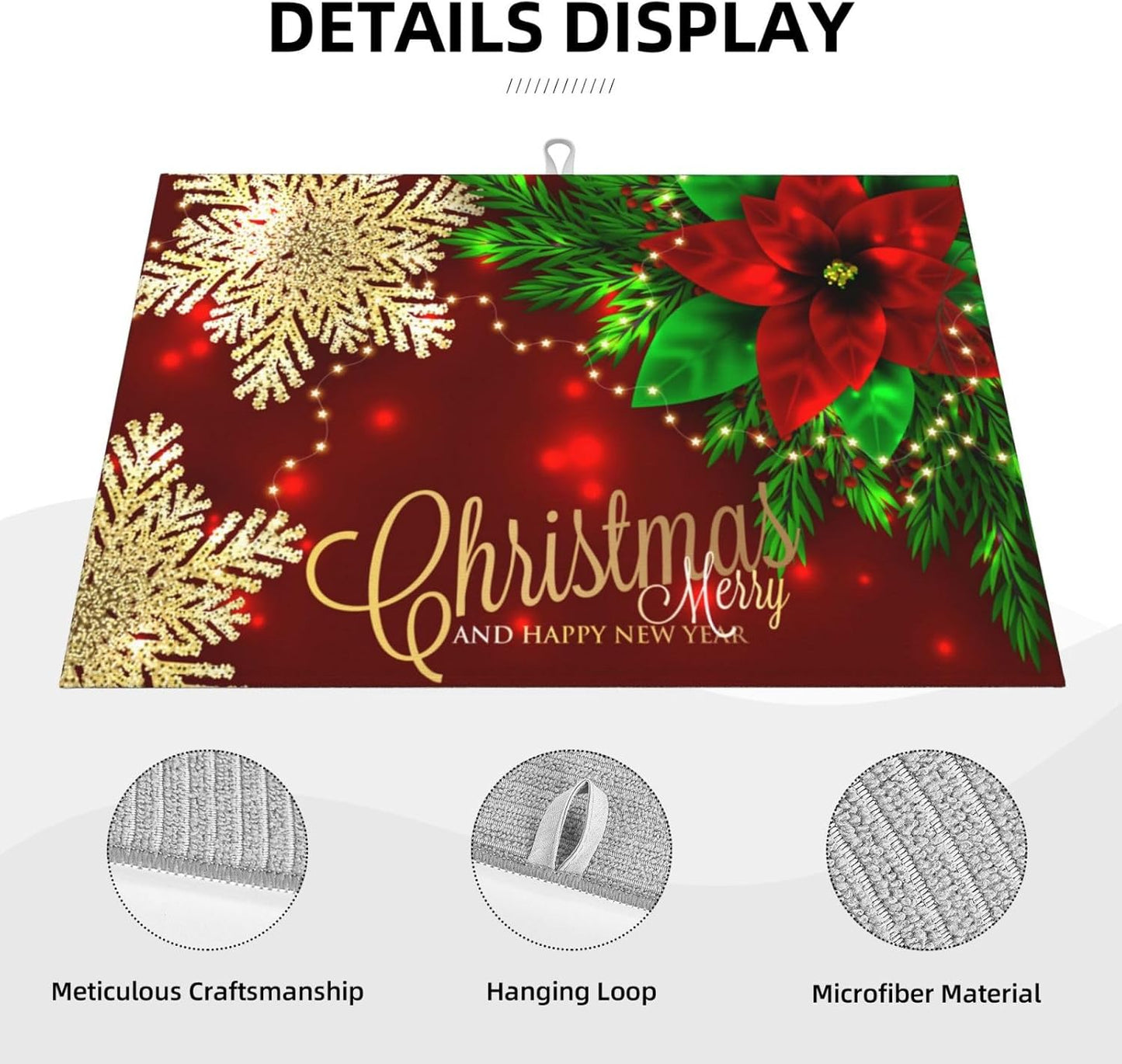 Dish Drying Mat Poinsettia Gold Snowflake Christmas Xmas for Kitchen Counter Absorbent 18x24 Inch Microfiber Dishes Plate Glass Dry Draining Pad Reversible Washable