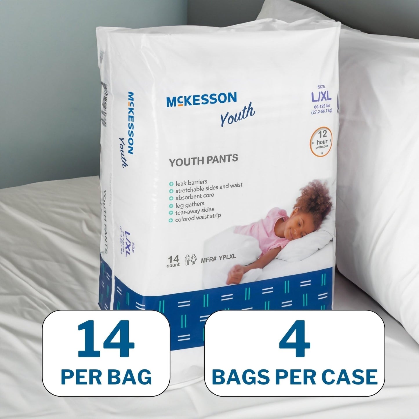 McKesson Youth Training Pants, [14 Count], Overnight Disposable Pull Up Diapers, L/XL, 60-125 lbs, Absorbent 12 Hour Leak Protection with Leg Gathers and Tear-Away Sides, for Boys or Girls, Pediatric