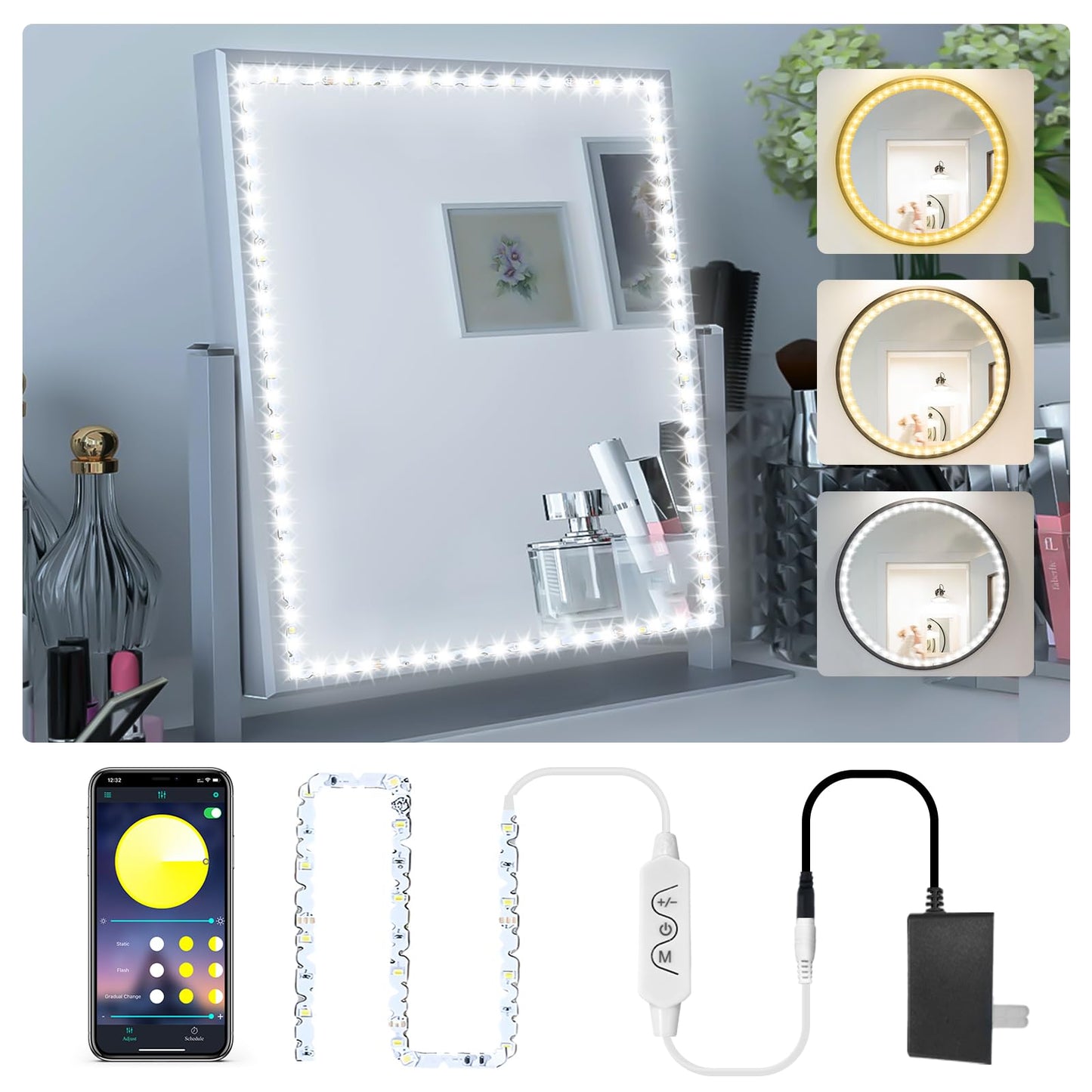 Daymeet LED Vanity Lights Kit, 13ft Dimmable Color, APP Control, Multi-white, Model BT09