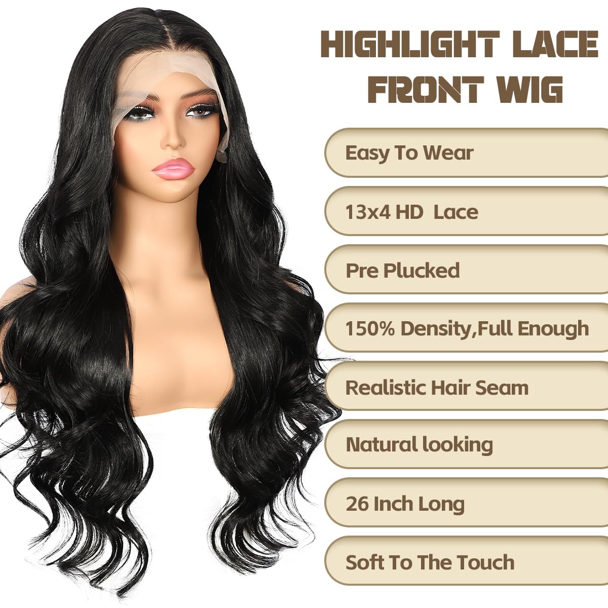 BABEHERS Synthetic Lace Front Wig 13x4 Pre Plucked 1B Black Wigs for Black Women Body Wave Long Wavy 150% Density Natural Heat R