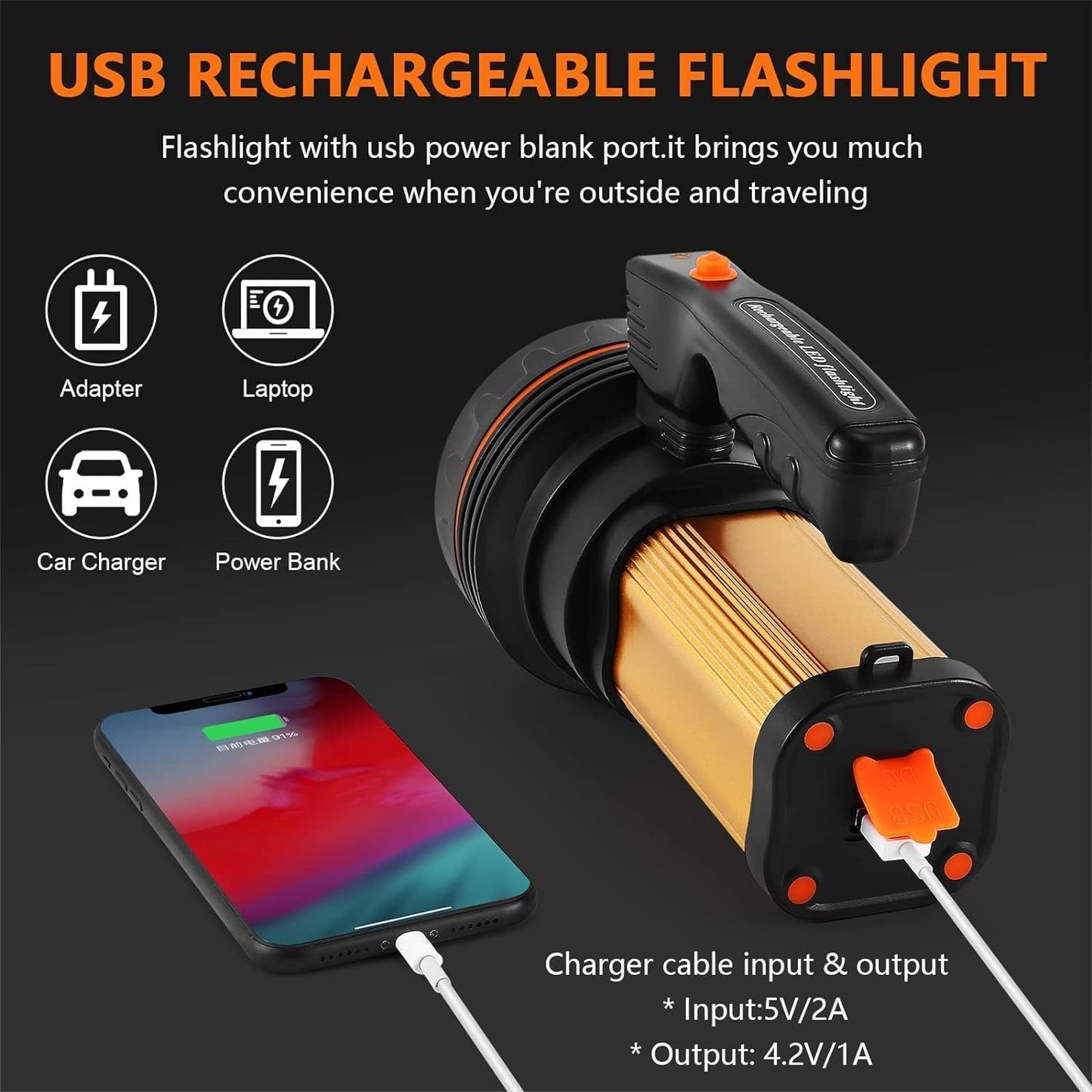 CSNDICE Rechargeable Flashlight, 1000,000LM, IP68 Waterproof, 10000mAh, Medium Size, Gold, Model 0809