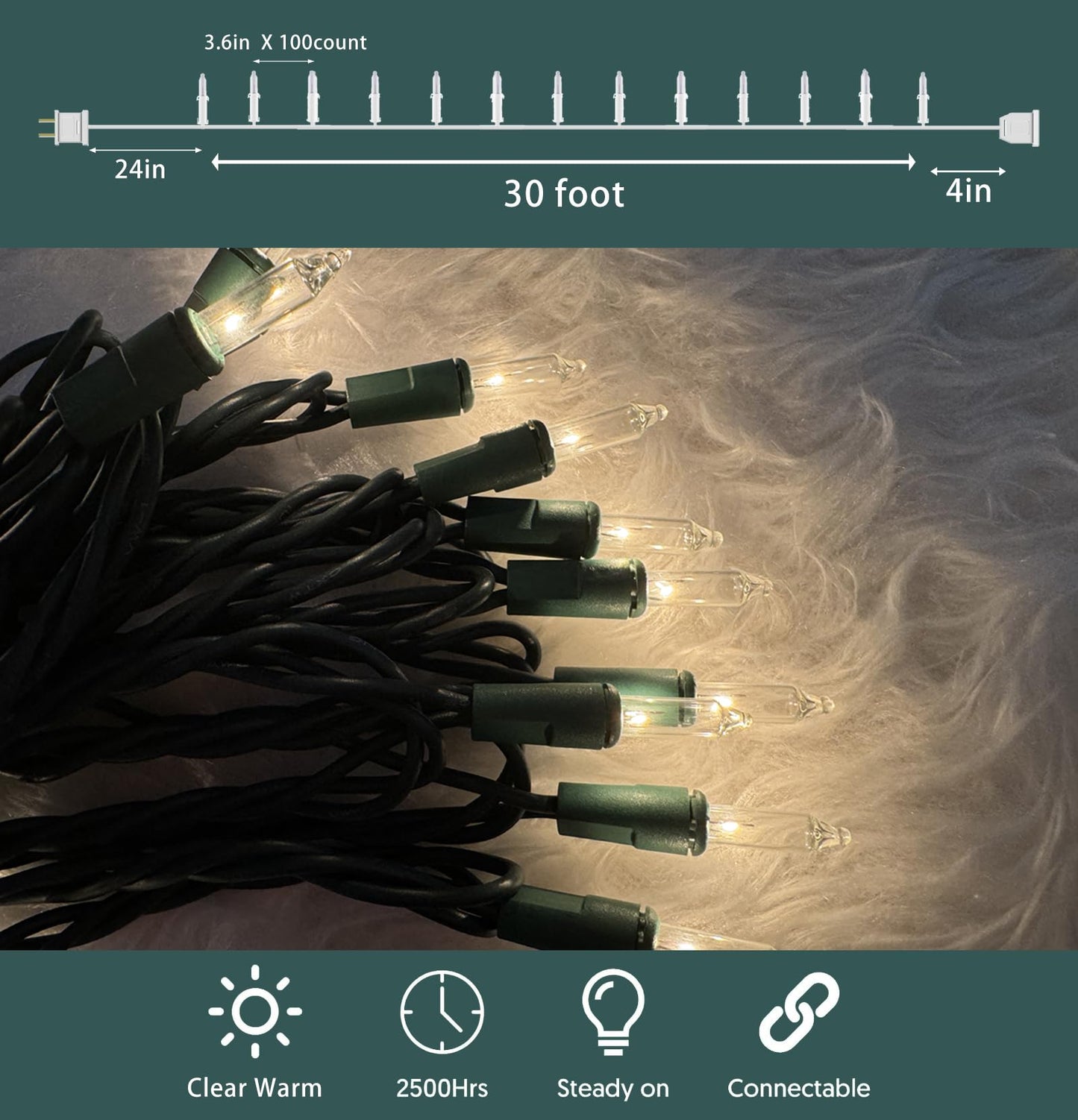 Hishiny Christmas Lights 100 Count Clear Christmas Tree String Lights With Green Wire For Outdoor Indoor Christmas Decorations Wedding Decorations Valentines Day Decor Ul Certified (32Feet)