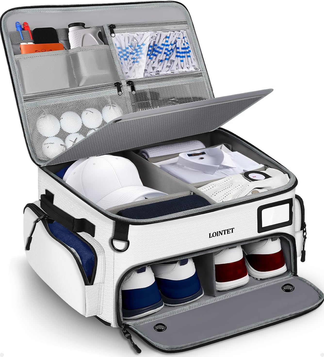 Golf Trunk Organizer, Waterproof Car Golf Locker with Separate Ventilated Compartment for 2 Pair Shoes, Golf Storage for Balls, Tees, Cap, Clothes, Gloves, Accessories, Gifts for Men, Women