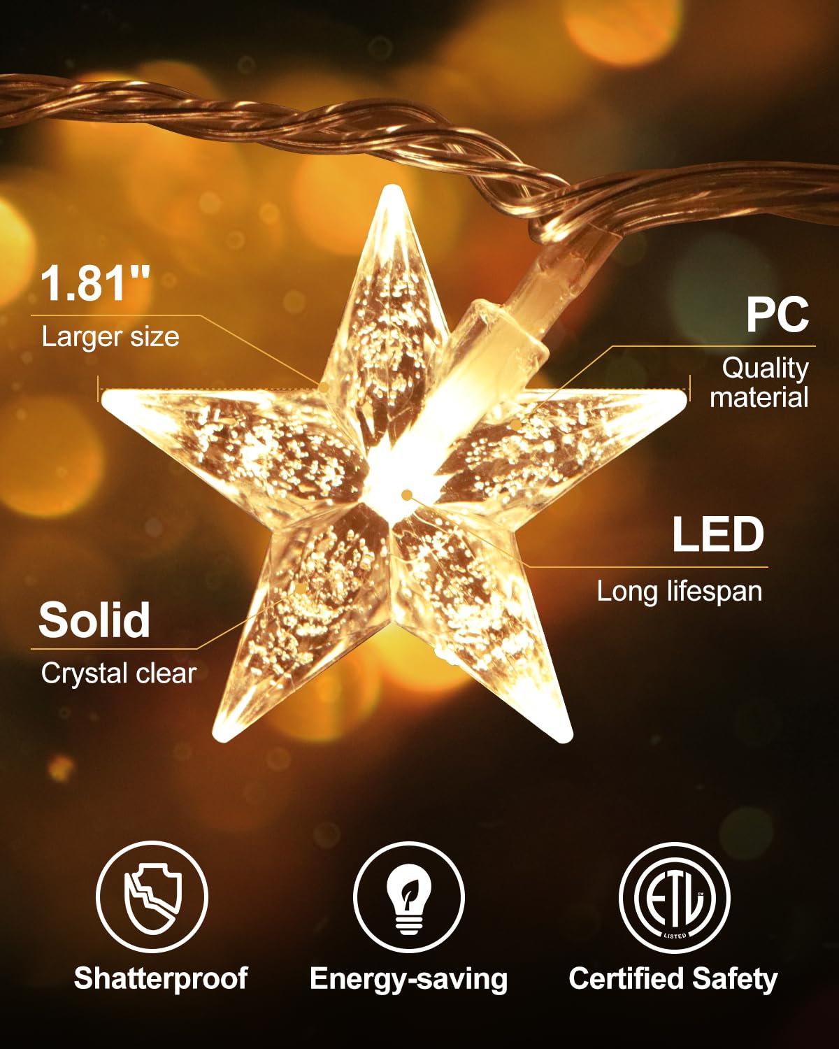JOLYMOLY Star String Lights, 100 LED, 59ft, Warm White, Waterproof, Plug-in, Model FX-SL002, Remote Timer for Indoor/Outdoor Decor