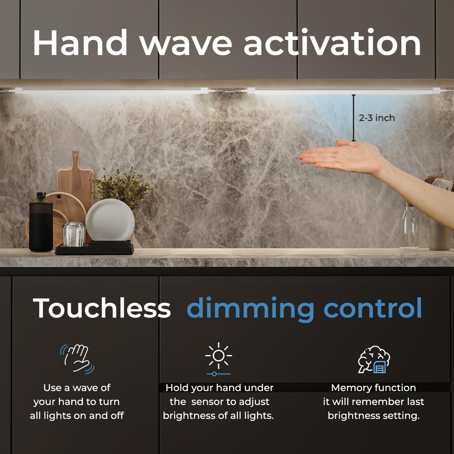 EShine Under Cabinet LED Lighting Kit, Dimmable 3-Pack 12 in, Touchless Control, Warm White (3000K)